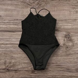 Ambiance Women’s Lace Body Suit Open Back Black Size Medium